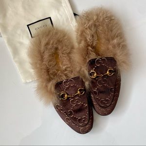 GUCCI Princeton Brown Velvet Slides with fur - Size 38